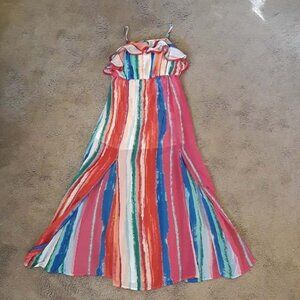 Candie's Rainbow Maxi Dress M Vintage Beach Coastal Boho Layered Chiffon Stripe